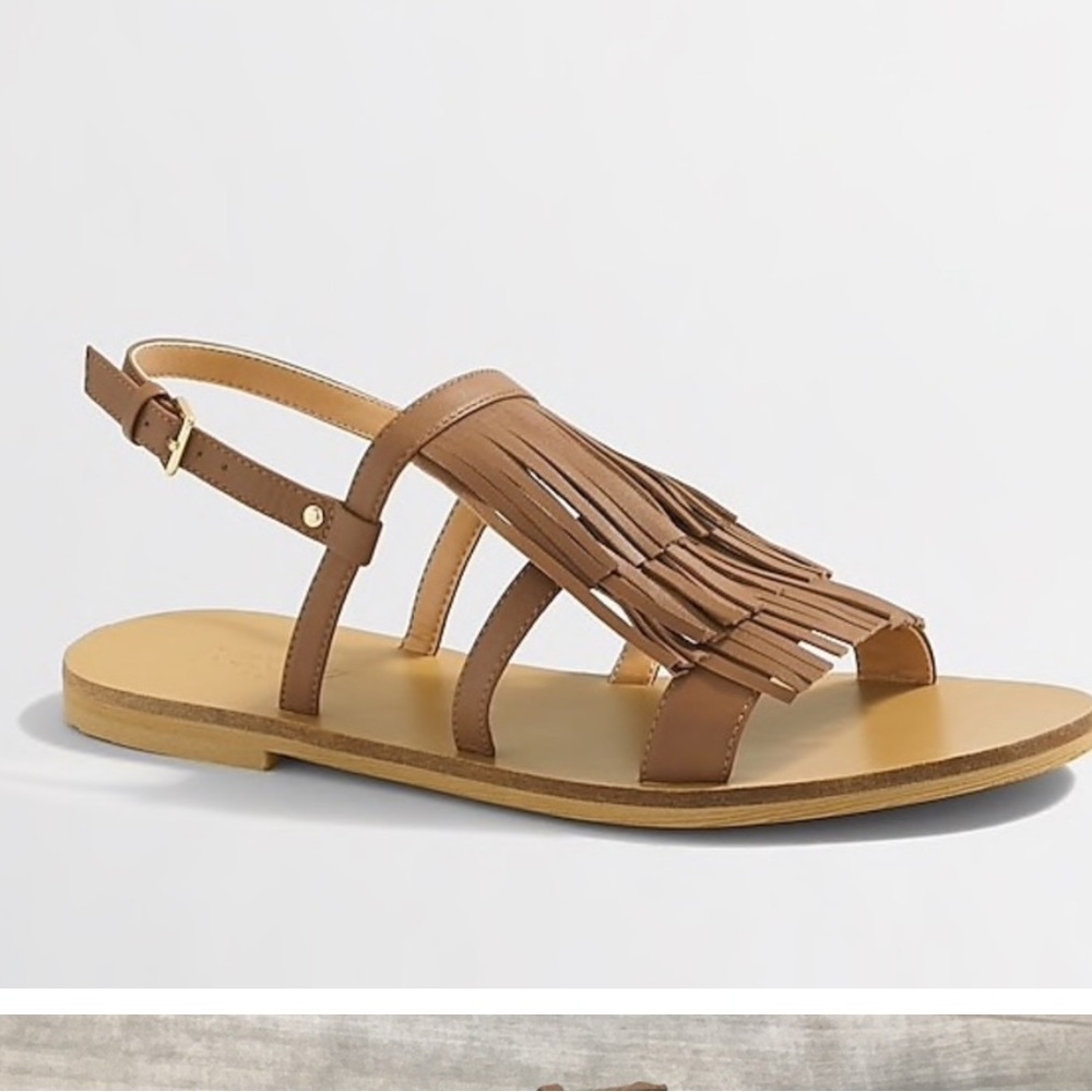 New! J Crew Cognac Brown Tan Neutral Leather Fringe Boho Sandals Size 9